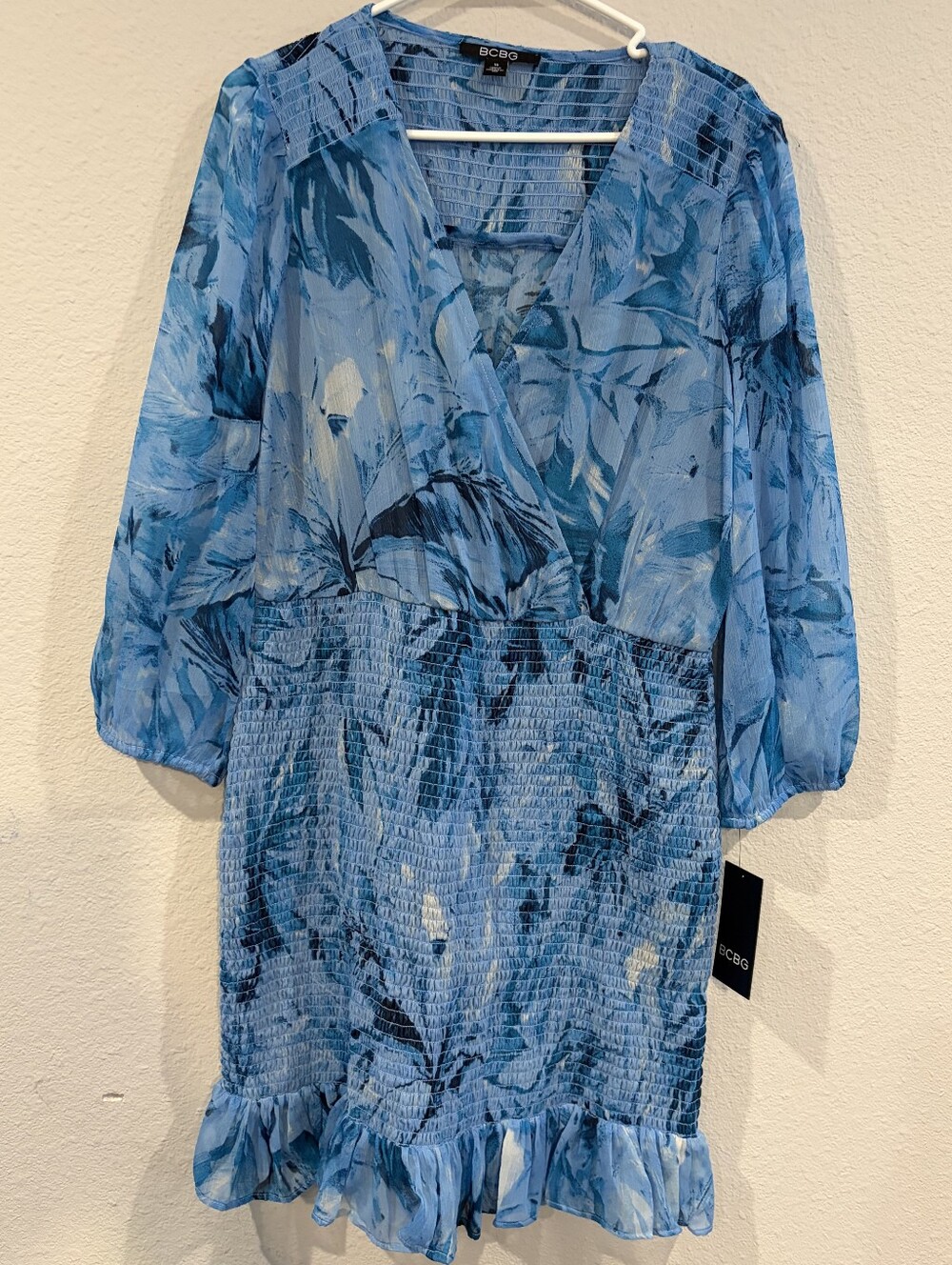 NEW Bcbg Womens Blue Floral Print V Neck Long Sleeve Ruffle Trim Mini Dress 10
